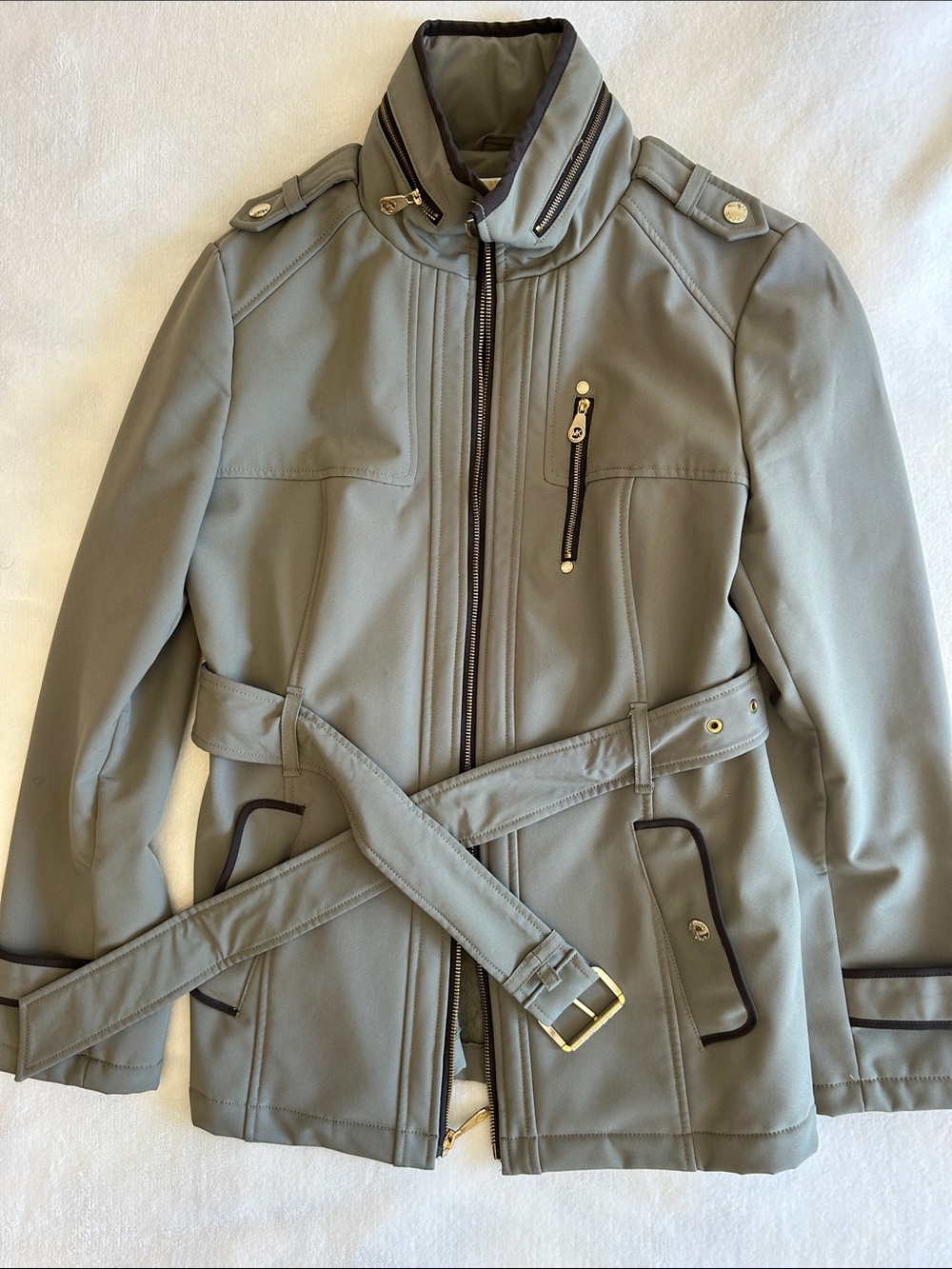 Michael Kors Women’s Softshell Olive Green Belted Jacket With Hidden Hood Size M
